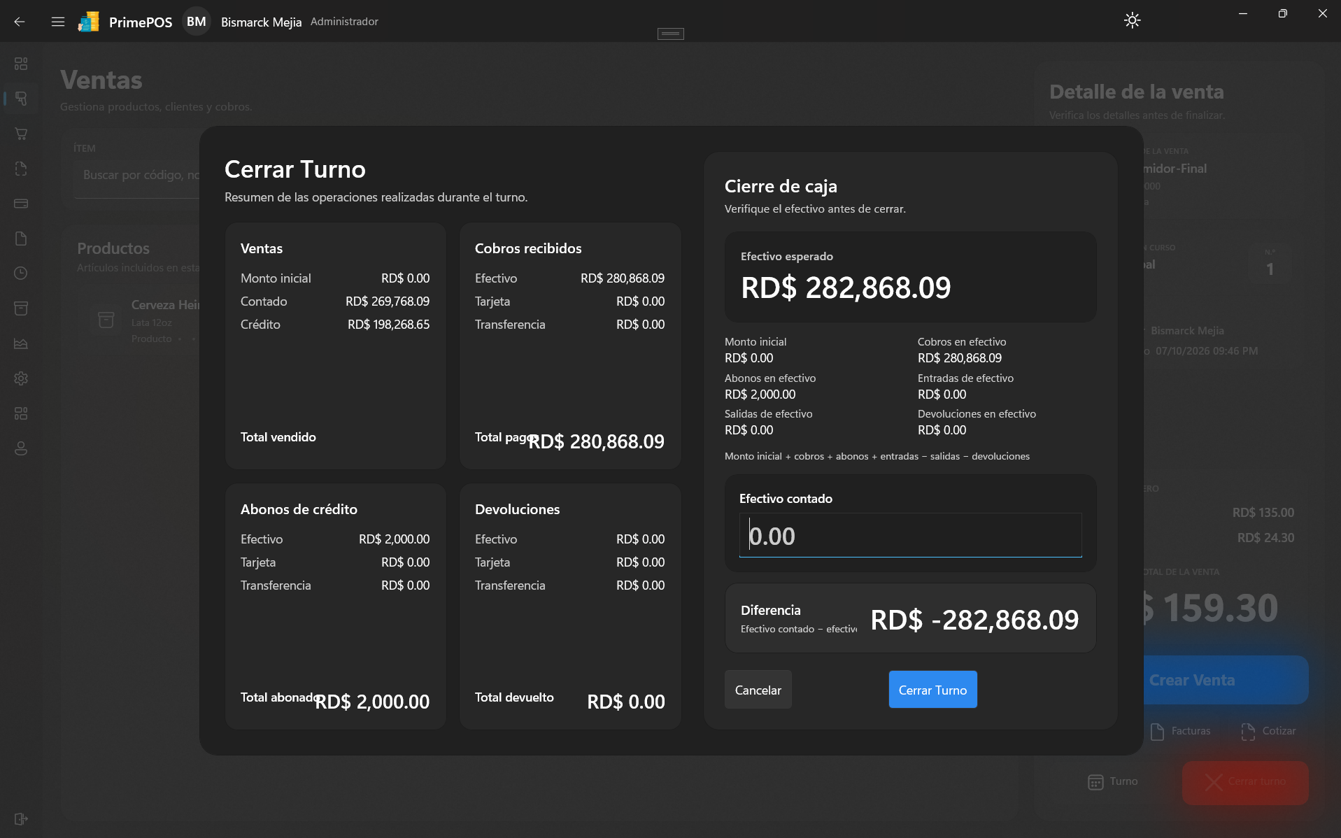 Gestión de caja y turnos de PrimePOS