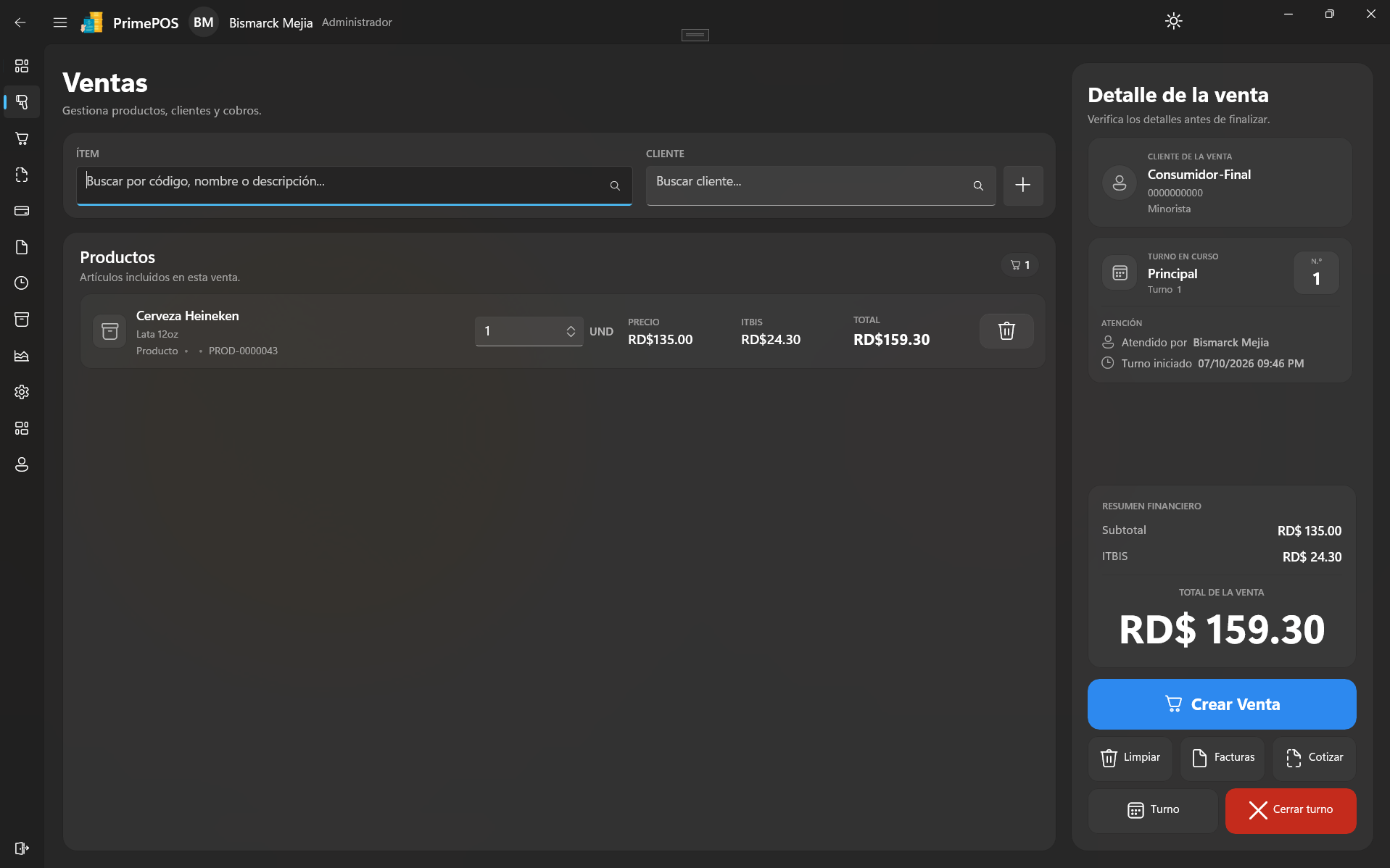 Pantalla de ventas de PrimePOS